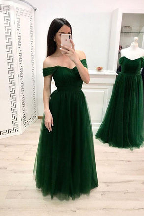 Simple A Line Off the Shoulder Prom Dresses, Long Tulle Green Prom Dress INK25