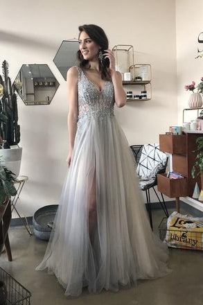 A-Line V Neck Long Grey Tulle Split Prom Party Dress with Sequins INF70