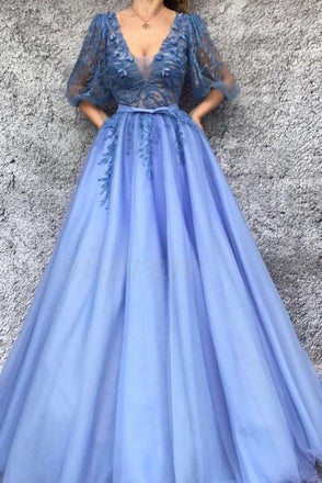 A-Line V-Neck Half Sleeves Tulle Prom Dresses with Appliques INQ94