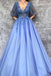 A-Line V-Neck Half Sleeves Tulle Prom Dresses with Appliques INQ94