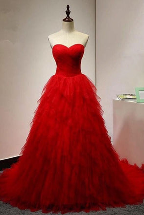 Chic Sweetheart A Line Zipper Back Red Ruffles Cheap Long Prom Dress ING22