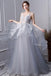 Gray A Line Long Spaghetti Straps Prom Dresses With Lace INK58