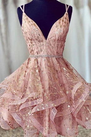 Chic Deep V-neck Pink Tiered Homecoming Dress with Beading Appliques INO38