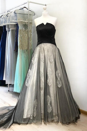 A Line Black Strapless Appliques Long Cheap Prom Dresses INI48