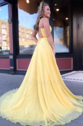 Yellow Long Chiffon A Line Prom Dress 2020 with Lace Up Back INS51