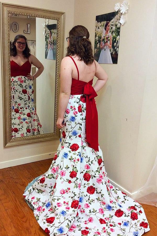 Mermaid Spaghetti Straps Floral Print Red Top Prom Dresses INI84