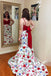 Mermaid Spaghetti Straps Floral Print Red Top Prom Dresses INI84