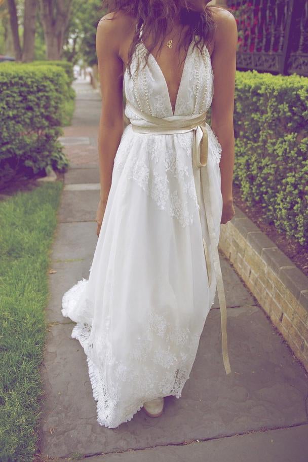 Sexy Boho V-Neck Backless Floor Length Lace Wedding Dress with Sash INB04