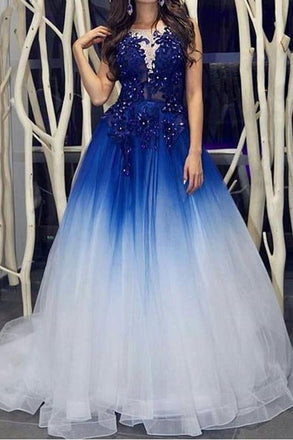 Elegant Royal Blue White Ombre Long Prom Dresses with Appliques for Teens INH18