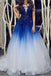 Elegant Royal Blue White Ombre Long Prom Dresses with Appliques for Teens INH18