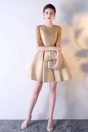 A-Line Solid Color Half Sleeve Homecoming Dress Short Prom Dress With Appliques IN383