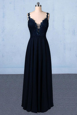 Navy Blue Chiffon V Neck A Line Long Prom Dresses With Lace Top INQ21