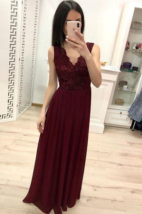 Burgundy Chiffon Lace Appliques Prom Dresses, Long Cheap Prom Gown INK30