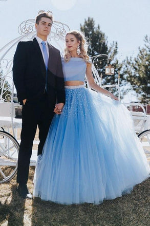 Stunning A Line Off the Shoulder Two Piece Sky Blue Tulle Prom Dresses INH72