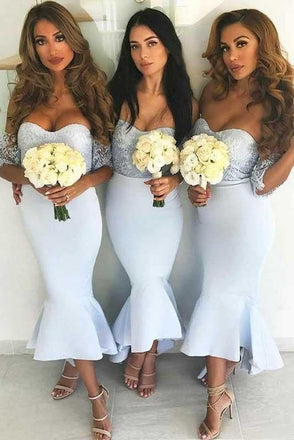 Off Shoulder Short Sleeve Mermaid Bridesmaid Dresses With Lace INB59