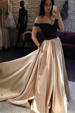 Off Shoulder A-line Satin Black Top Long Cheap Prom Dresses ING38