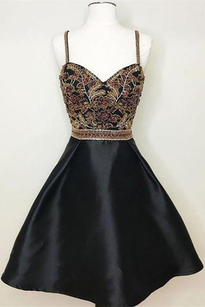 New Arrival Black Spaghetti Straps A Line Beading Homecoming Dresses INO58